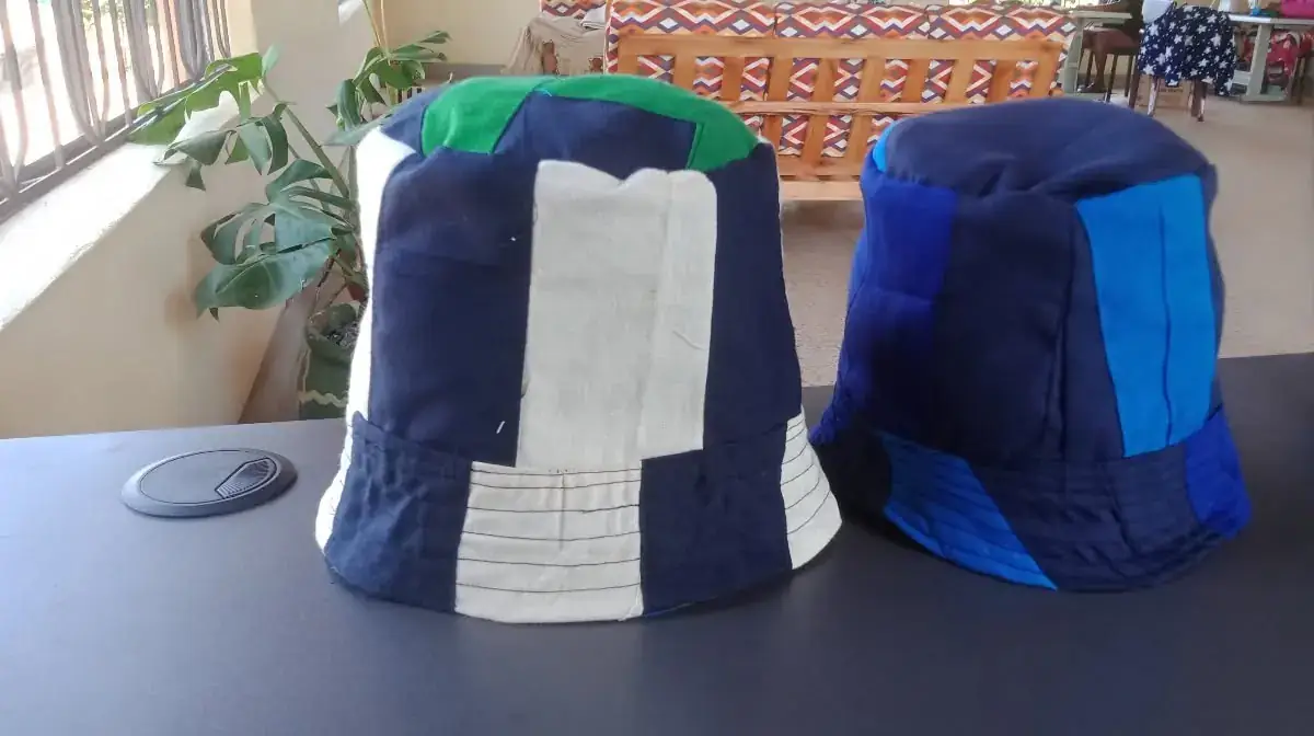 Upcycled textile hats representing potential community enterprise and circular craft